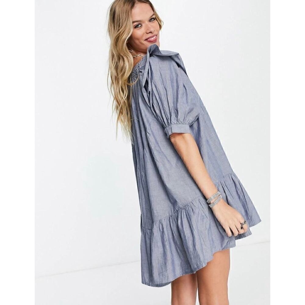 Free People Amelie Denim Mini Dress Blue Chambray Ruffle Puff Sleeve XS EUC - Picture 11 of 13